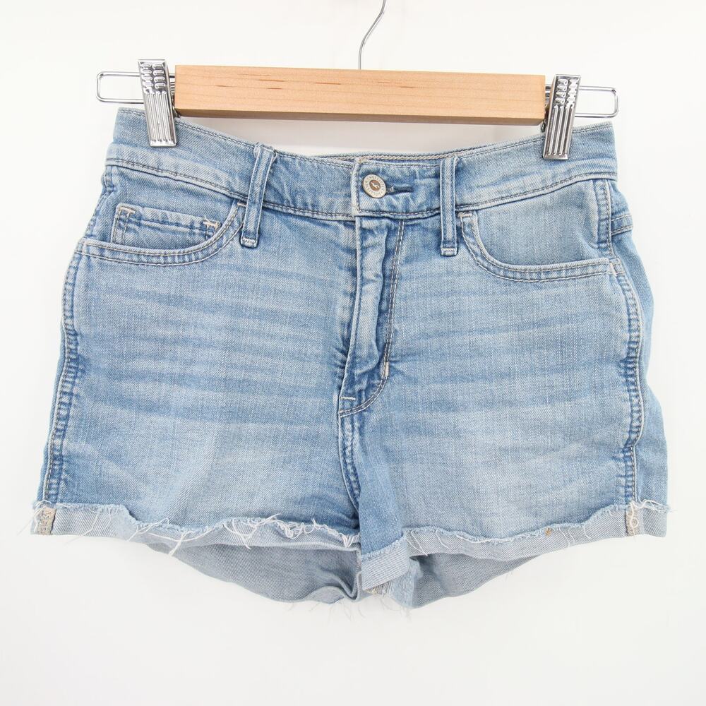 Hollister Jean Shorts Blue Light Wash Raw Hem Folded Cuff Mid Rise Size w25 1